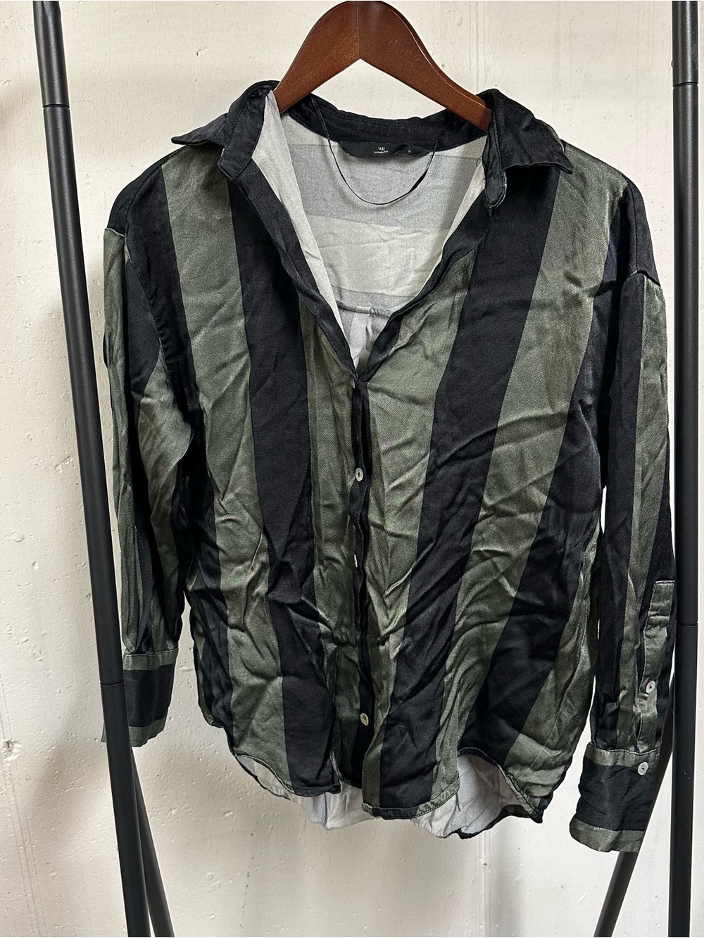 Striped Long-Sleeve Blouse in Olive Green & Black